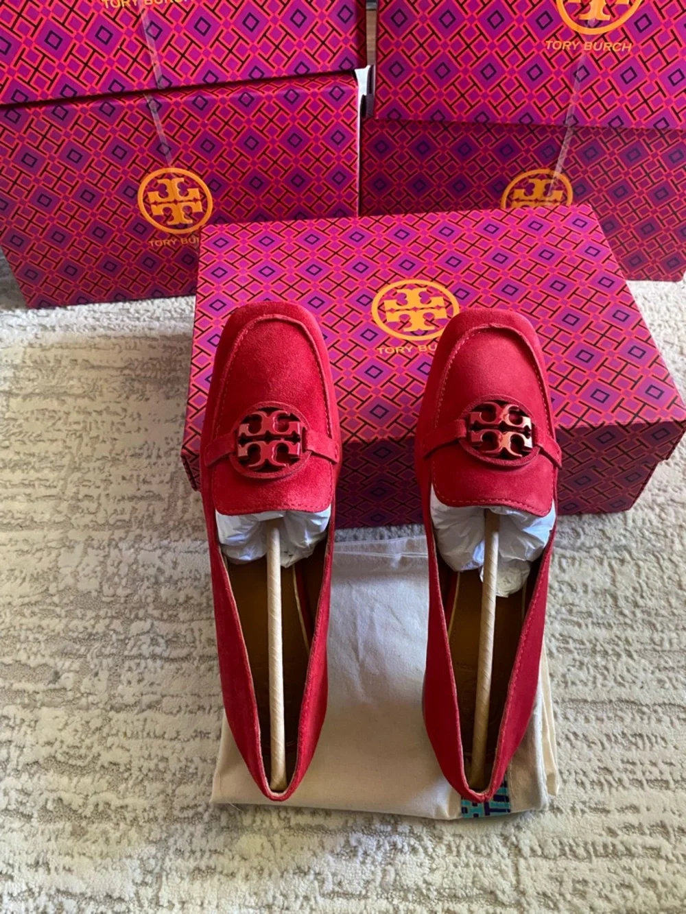 Tory Burch Red Suede Metal Miller Loafers